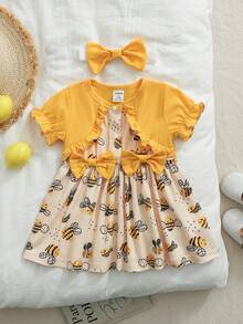 SHEIN 1pc Newborn Baby Girls Butter Yellow Bee Print 2 In 1 Dress,Cute Summer Short Sleeve Puff Sleeve Ruffle Hem Bow Decor Dress For Birthday Photo Shoots - Yellow - View 3