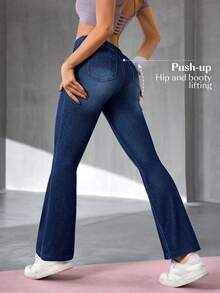 Flexra Jeans acampanados de corte slim con lavado casual para mujer - Azul - Ver 7