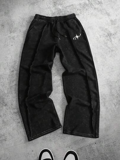 ROMWE MEN Men's Drawstring Waist Star Print Wide Leg Sweatpants