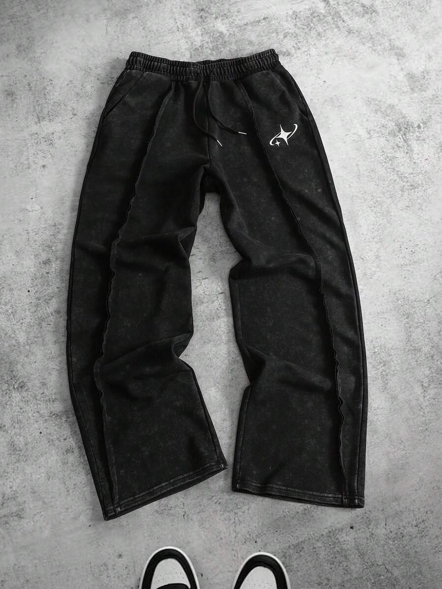 ROMWE MEN 男士抽绳腰带星形印花阔腿运动裤 - 黑色 - 查看 1