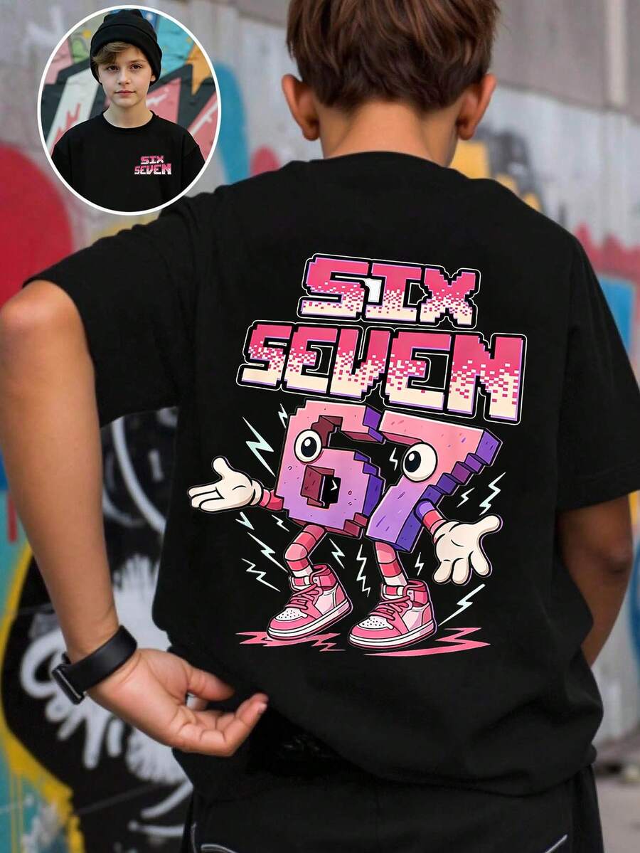 春夏休闲时尚创意个性清新简约数字67卡通闪电标语印花舒适基础款短袖T恤，温暖的夏秋款式，适合春、夏、秋季穿着，男童款