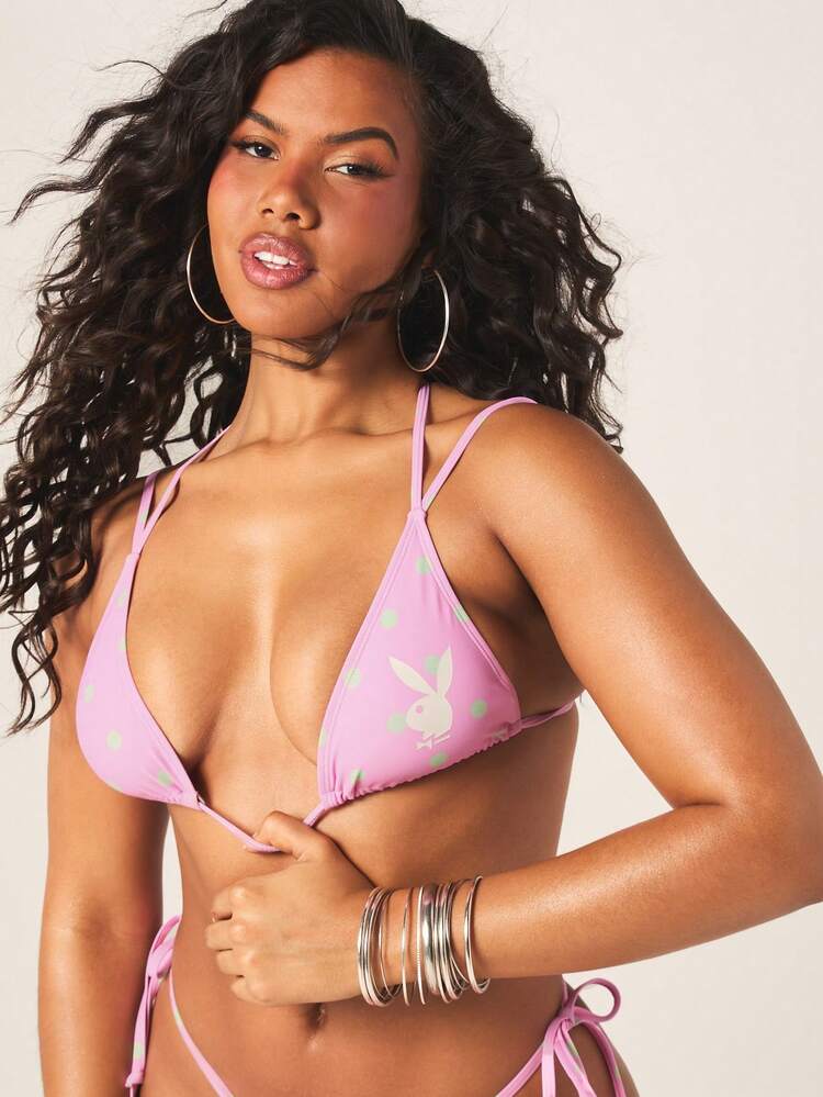 Missguided x Playboy Polka Dot Triangle Bikini Set With Double Straps And Side Tie Bottom Summer Beachwear Two Piece Swimsuit