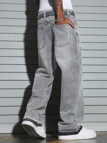 Manfinity EMRG Men's Casual Commuter Pants, Loose Straight Leg, Cement Gray Washed Design - Grey - View 2