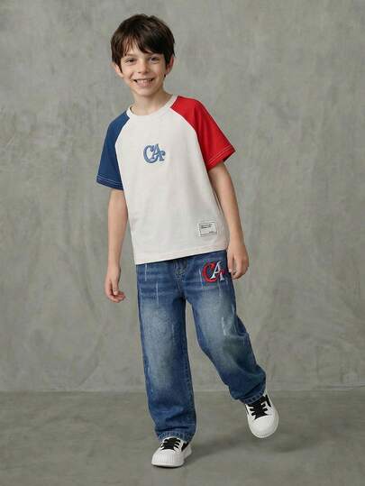 SHEIN Casuvi Kids One-Piece Boy's Little Children's T-Shirt In Urban Leisure Style, Round-Neck Short-Sleeve Color-Blocking Apricot T-Shirt, Comfortable And Versatile, Suitable For Spring And Summer. The T-Shirt For Boys Is Suitable For Various Occasions Such As Urban Outdoor Activities, Home Leisure, School, And Gatherings.