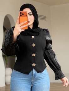 Dazy Plus Plus Size Women's Elegant Patchwork Color Block Flare Sleeve Cropped Black Blouse, Spring/Autumn Long Sleeve - Black - View 7