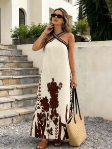 Pariaura Vintage Elegant Brown And Cream Botanical Print Maxi Dress,Cross Decorated Strap Sleeveless Loose Summer Boho Vacation Holiday Sweet Chic Retro Dress - Apricot - View 7