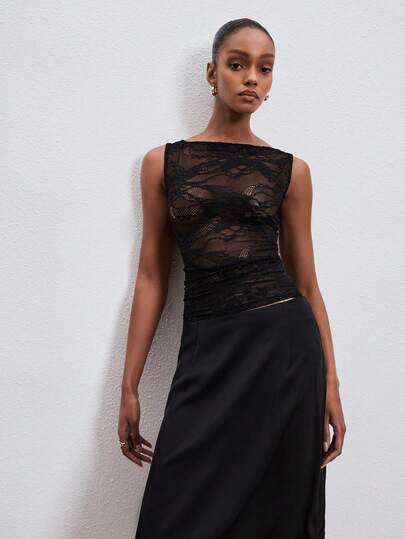 ATUI Studio Black Lace Semi-Sheer Sexy Fashionable Blouse For Women