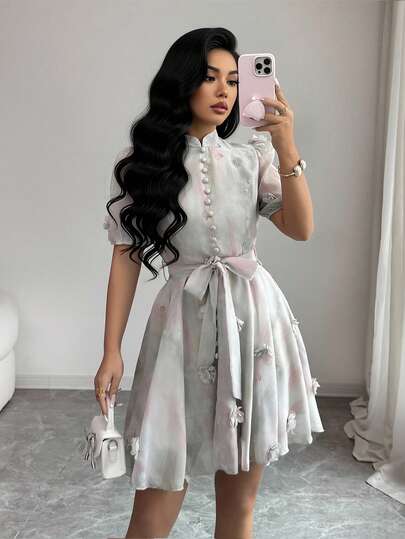 Modelyn Women's Tie-Dye 3D Floral Tie-Waist Short Sleeve Romantic Vacation Chic Short Dress