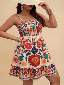 Travachic Plus SIWomen 春假加大码印花荷叶边吊带花裙 - 彩色 - 查看 4