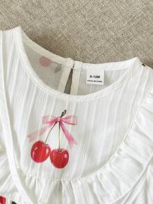 SHEIN Vintaside Kids 1件女婴舒适休闲印花荷叶边白色短袖连衣裙，百搭基础款，配有可爱印花配套包包，适合春夏上学、旅行、度假和日常穿着。 - 白色 - 查看 8