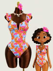 Zestiva New Floral Print V-Neck Ruffle Strap One-Piece Swimsuit, Fashionable & Sexy For Vacation - Multicolor - View 1