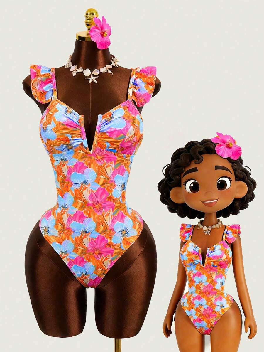 Zestiva New Floral Print V-Neck Ruffle Strap One-Piece Swimsuit, Fashionable & Sexy For Vacation - Multicolor - View 1