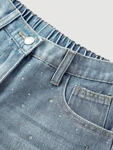 SHEIN 少女闪亮水钻复古蓝色牛仔宽松短裤 - 中等水洗藍 - 查看 4