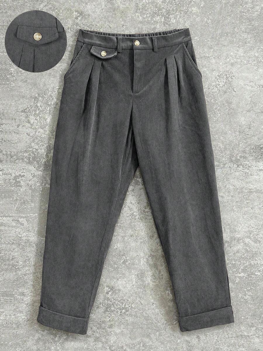 Manfinity Hypemode 复古灯芯绒那不勒斯休闲裤，秋冬男装，灯芯绒裤，卡其裤，男友礼物，复古男士裤装，灰色男士裤装，褶裥西装裤，高腰灯芯绒裤装 - 深灰色 - 查看 1