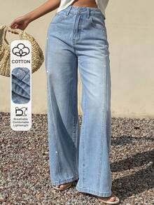 DAZY Jeans anchos y sueltos con aplicaciones de rhinestones, versátiles para uso casual, vacaciones y trayectos - Lavado ligero - Ver 1