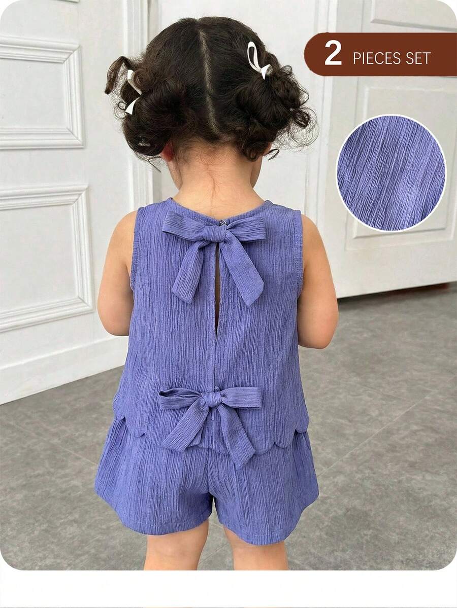 SHEIN Babygirl Vacation Cute Casual Blue Bow Tie Camisole & Elastic Waist Shorts Set - Multicolor - View 1