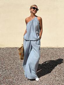 Livesso Spring & Summer Fashion Blue Asymmetrical Shoulder Crop Top & Straight Leg Casual Pants 2-Piece Set, Elegant For Business, Leisure, Home, Vacation - Dusty Blue - View 1