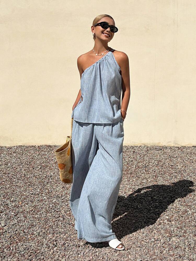 Women's Summer Fashion Asymmetric Shoulder Blue Crop Top And Straight Leg Casual Pants 2-Piece Set, Suitable For Business, Casual, Home And Holiday Occasions, Showcasing Elegant Style