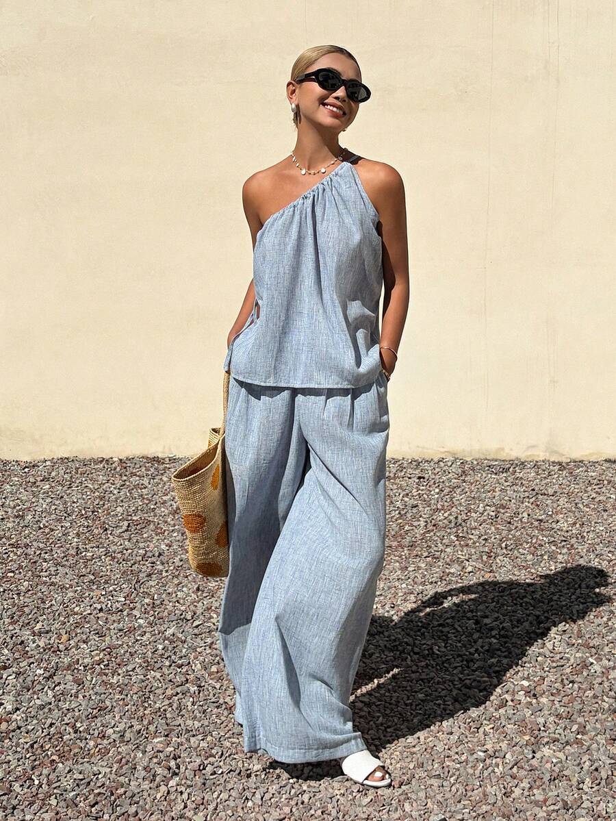 Livesso Spring & Summer Fashion Blue Asymmetrical Shoulder Crop Top & Straight Leg Casual Pants 2-Piece Set, Elegant For Business, Leisure, Home, Vacation - Dusty Blue - View 1