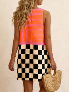 INAWLY Women's Checkered Patchwork Sleeveless Dress - Multicolor - View 2