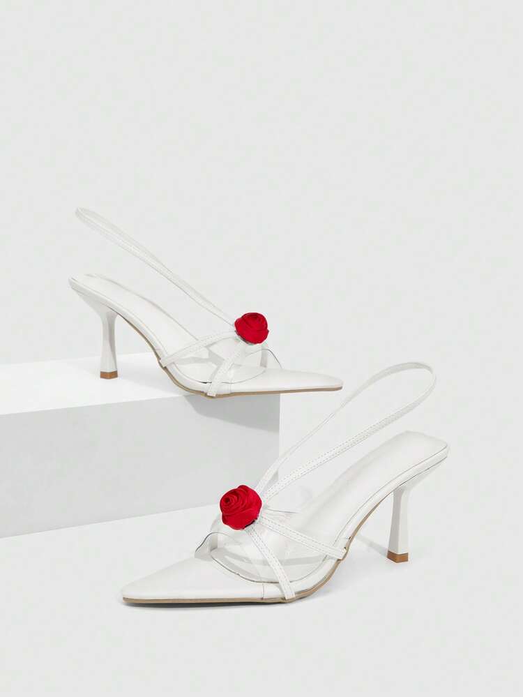CUCCOO CHICEST Pointed Sandals, Transparent Belt With Rose Detail, High Heels, High Heel Shoes, Transparent Belt Design With Roses Valentine's Day Elegant Shoes