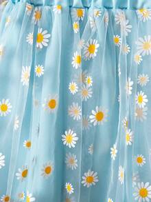 A Little Girl's Elegant Blue Skirt, Featuring A Layered Design With A Transparent Outer Layer Of Daisy-Printed Mesh Fabric. The Elastic Waistband Makes It Suitable For Everyday Wear, Beach Vacations, And Casual Outings - Blue - View 5