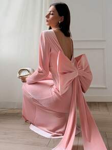 Elenzga 新款欧美风方领高腰修身连衣裙，粉色淑女可爱手工蝴蝶结长袖晚礼服，深V露背派对礼服 - 粉色 - 查看 3