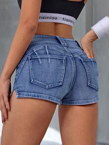 Flexra Shorts vaqueros de corte slim con abertura, versátiles para el verano - Azul - Ver 7