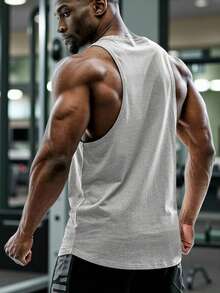 GymBeat Men's Casual Letter Print Round Neck Sports Tank Top, Summer - Grey - View 2