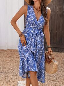 SHEIN LUNE Women's Summer Blue & White Floral Print Sleeveless V-Neck Midi Dress - Blue - View 4