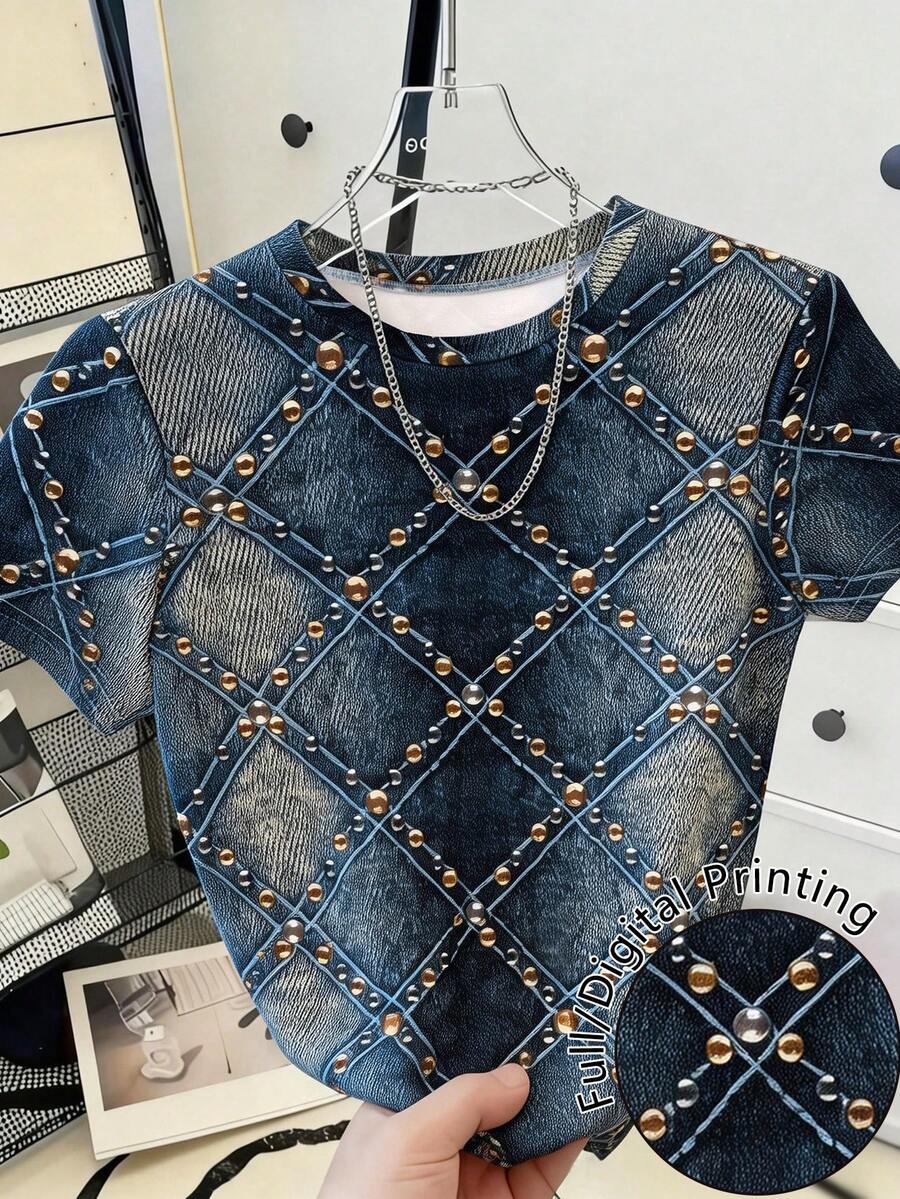 Resyla Women's Casual Denim Effect Print Round Neck Short Sleeve T-Shirt, Summer - Multicolor - View 1