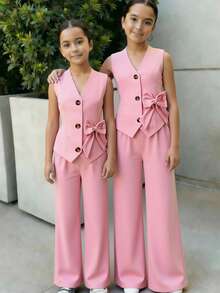 少女两件套，优雅吊带上衣搭配阔腿裤，通勤装，春秋季 - 粉色 - 查看 1