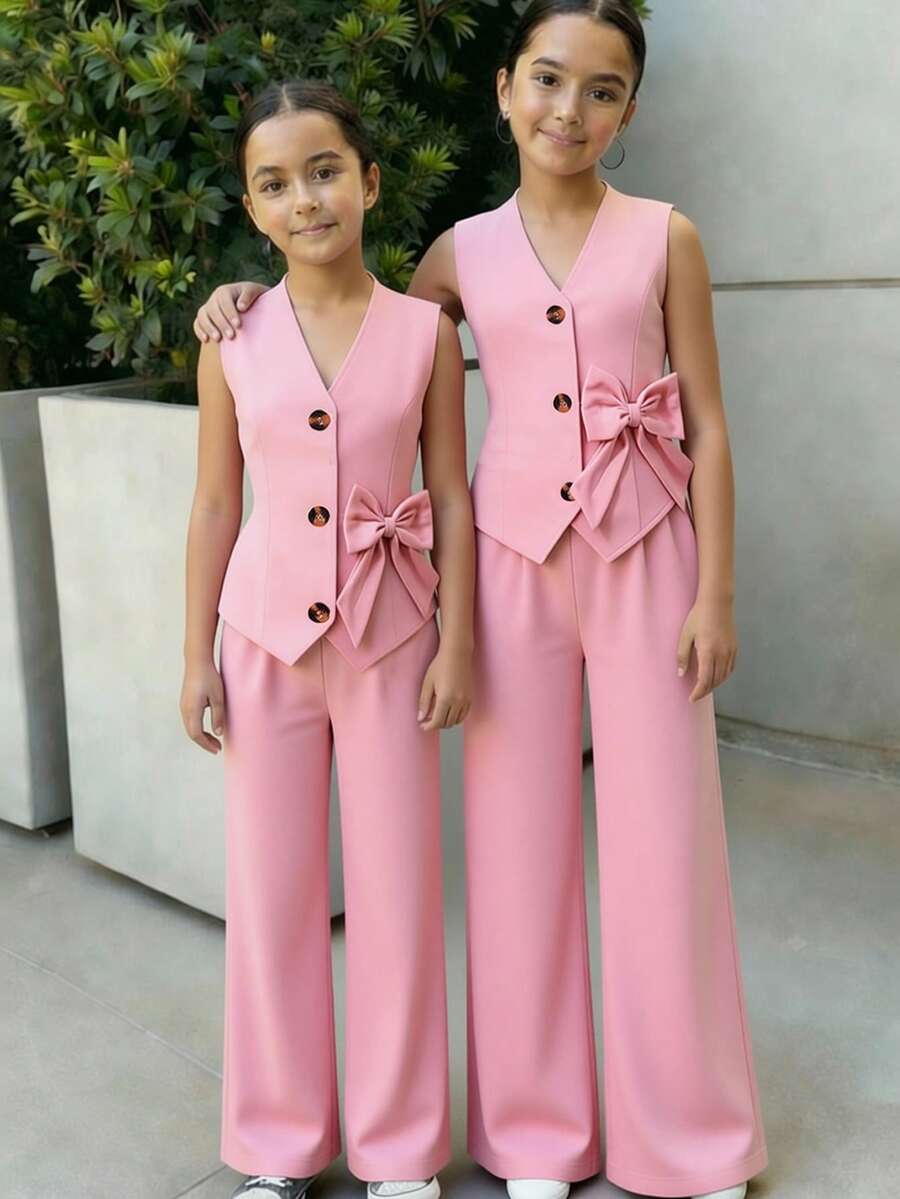 少女两件套，优雅吊带上衣搭配阔腿裤，通勤装，春秋季 - 粉色 - 查看 1