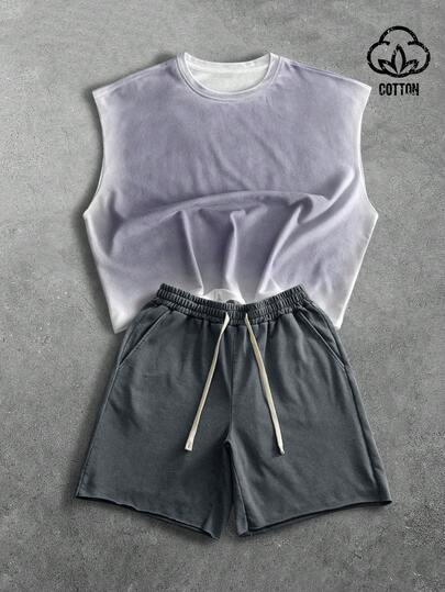 PAVTROS Men's Summer Casual Fashion Street Ombre Loose Tank Top And Drawstring Waist Shorts Set, Commuting Daily Wear