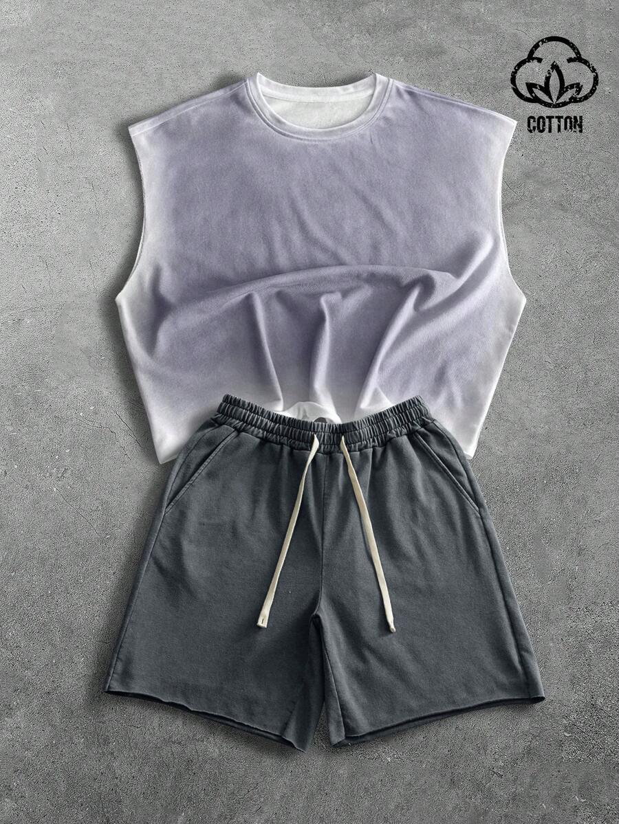 PAVTROS Men's Summer Casual Fashion Street Ombre Loose Tank Top And Drawstring Waist Shorts Set, Commuting Daily Wear - Multicolor - View 1