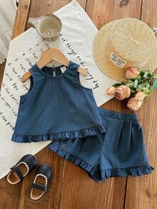 SHEIN 女婴可爱夏季度假休闲蓝色荷叶边背心短裤套装 - 藍色 - 查看 5