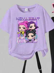 Set de 2 piezas con parte superior estampada de KPOP y conjunto de sudadera de cuello redondo y leggings para niña preadolescente, moda casual, apto para otoño/invierno - Multicolor - Ver 4