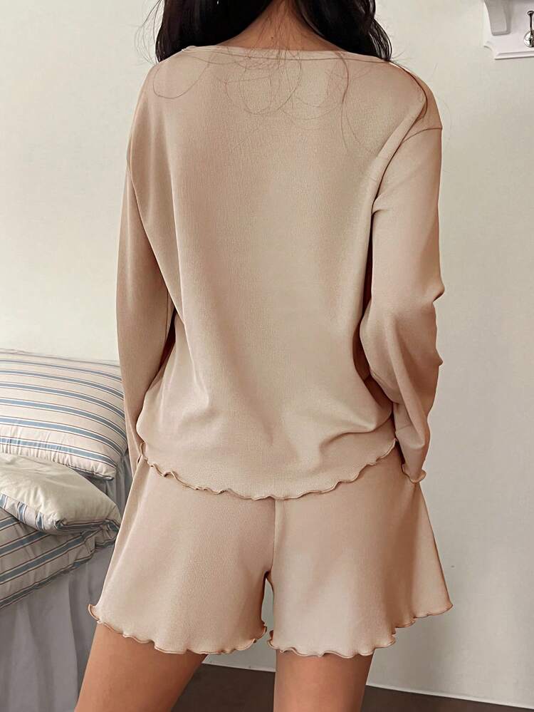 2pcs/Set Women Loose Solid Color Long Sleeve T-Shirt And Shorts Pajama Set, Suitable For Summer And Autumn