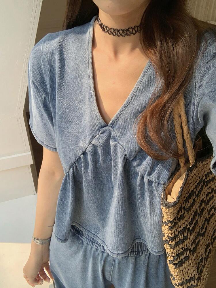 Women's Fashion Casual V-Neck Short Sleeve Denim Set Summer