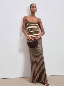 ATUI Studio Women's Striped Knit Camisole Dress With Beaded Shoulder Straps - Elegant Wool Blend Summer Dress For Vacation & Commute Office - Olive Green - View 4