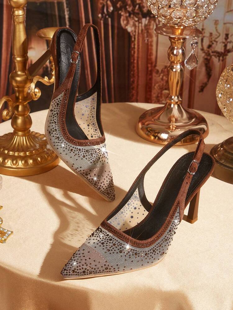 CUCCOO TILAWA Women's Pointed Toe High Heel Shoes, Rhinestone Decor Mesh Fabric, Fashion Comfortable For Daily, Party, Banquet, Slip-On Buckle Strap Backless Pumps