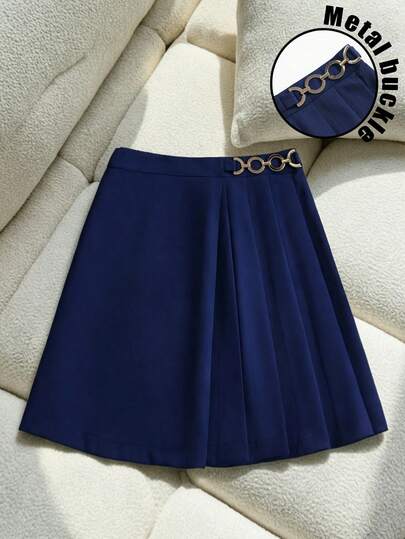 Franclia Plus Size Women's Pleated Minimalist A-Line Skirt, Elegant Casual Short Skirt, Pearl Button Decor Pleated Skirt