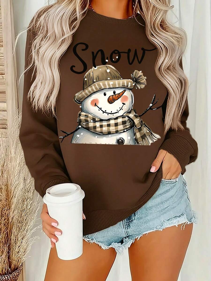 EMERY ROSE Sudadera holgada de cuello redondo con estampado de muñeco de nieve para mujer - Café integral - Ver 1