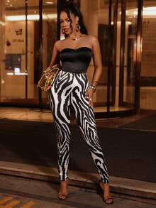 Lureya Pantalones ajustados de punto con estampado de cebra sin tirantes para mujer, mono sexy y encantador para señoritas jóvenes, mono ajustado para salidas diarias, primavera/verano - Multicolor - Ver 3