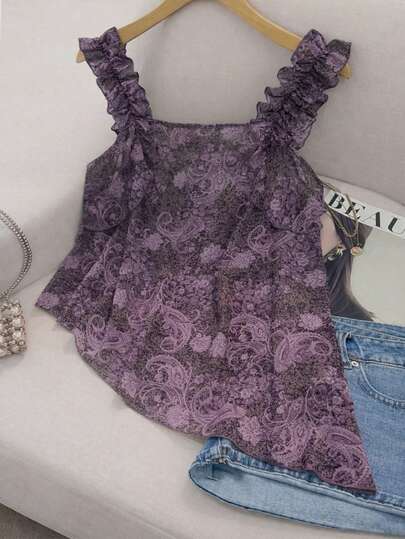 Franclia Plus Size Women Vintage Vacation Vibe Slimming Asymmetrical Hem Floral Print Camisole Tank Top, Suitable For Spring, Summer, Autumn