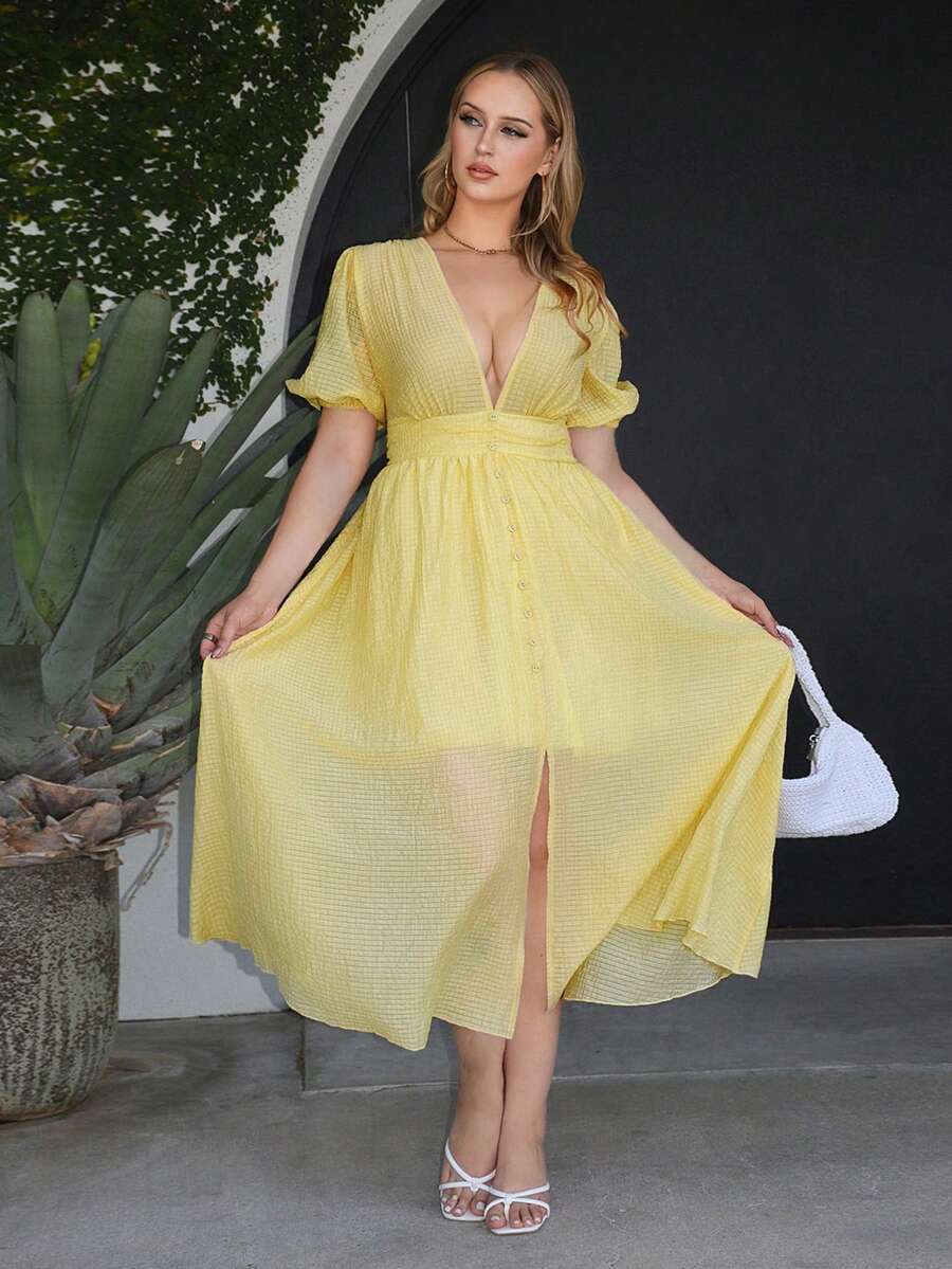 Roveilla Spring/Summer New Gentle Style Yellow Simple Versatile High-End Elegant Cinched Waist Petal Sleeve Dress - Yellow - View 1