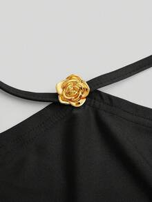 Sweetra Plus Size Women's Off Shoulder Red Metal Decor Cinched Waist Fitted Short Ruffle Hem Long Sleeve Summer Dress - Black - View 5