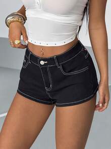 StreetHx 女士夏季休闲时尚街头风日常通勤十字绣撞色缝线牛仔短裤 - 黑色 - 查看 2