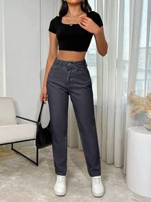 100%纯棉高腰妈妈款高腰牛仔裤 - 黑色 - 查看 5