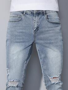 Manfinity Homme Men's Light Blue Ripped Skinny Jeans  With Pockets, Breathable, Suitable For City Walking, Family, Outdoor Activities, All Season, Emo Style - Light Wash - View 7